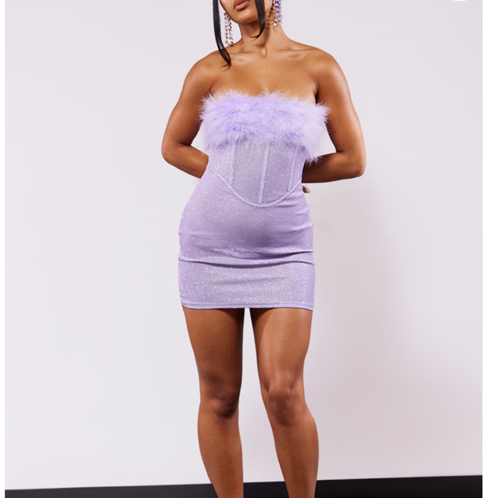 Pretty Little Thing Lilac Glitter Corset Feather Bandeau Bodycon Dress